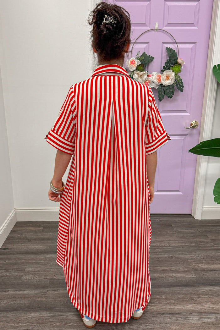 red and cream striped button front collared neckline short sleeve rounded hem midi dress
