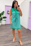green and light blue horizontal striped sleeveless drape scarf knit dress