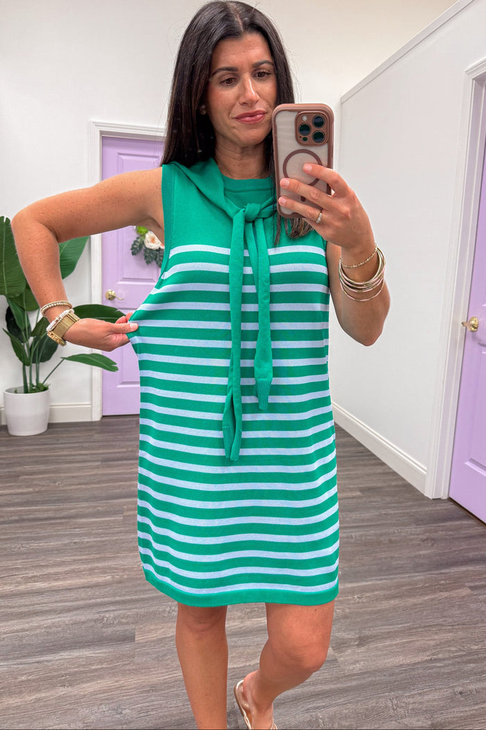 green and light blue striped sleeveless drape scarf relaxed fit knit dress