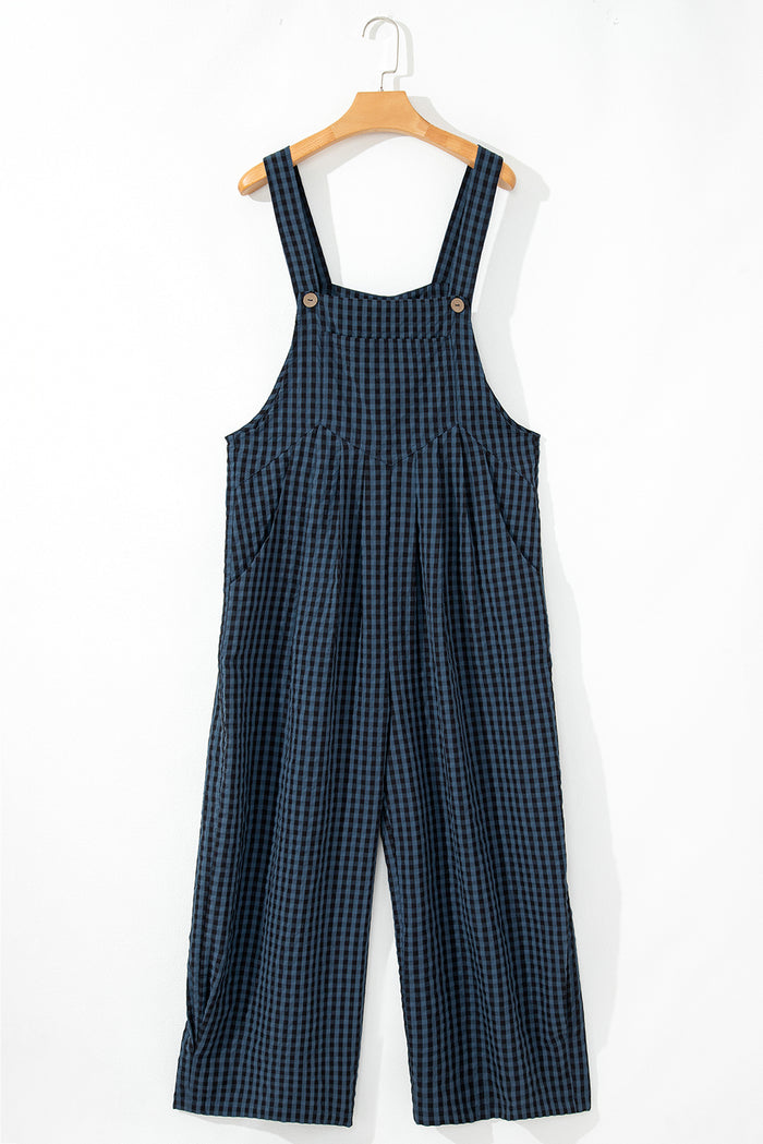Salopette taille haute boutonnée à imprimé écossais bleu voile