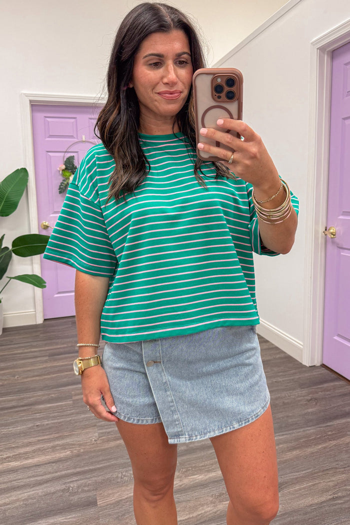 green and pink striped short sleeve crew neckline semi-cropped top
