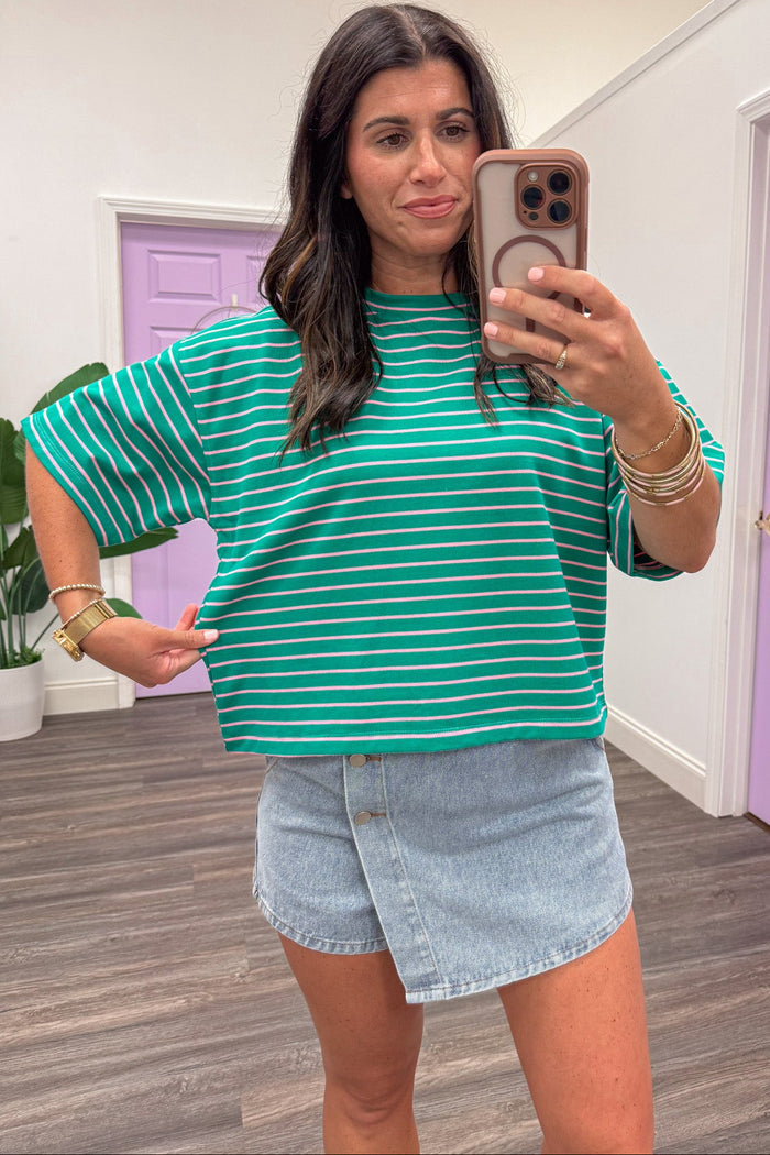 green and pink striped short sleeve crew neckline relaxed silhouette semi-cropped top