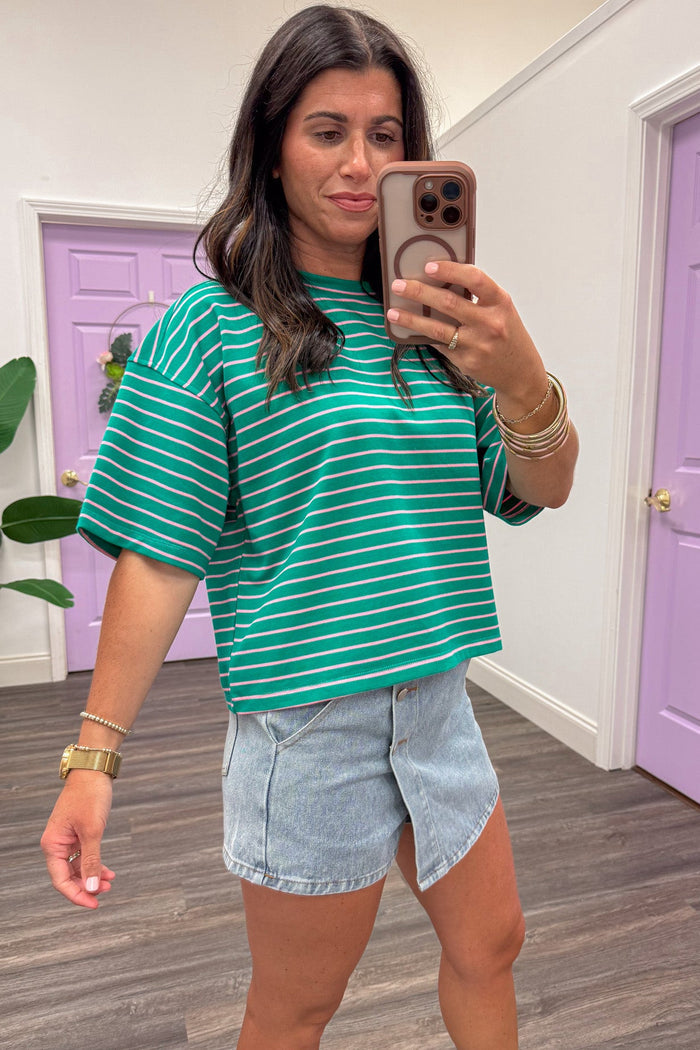 green and pink striped drop shoulder short sleeve crew neckline semi-cropped top