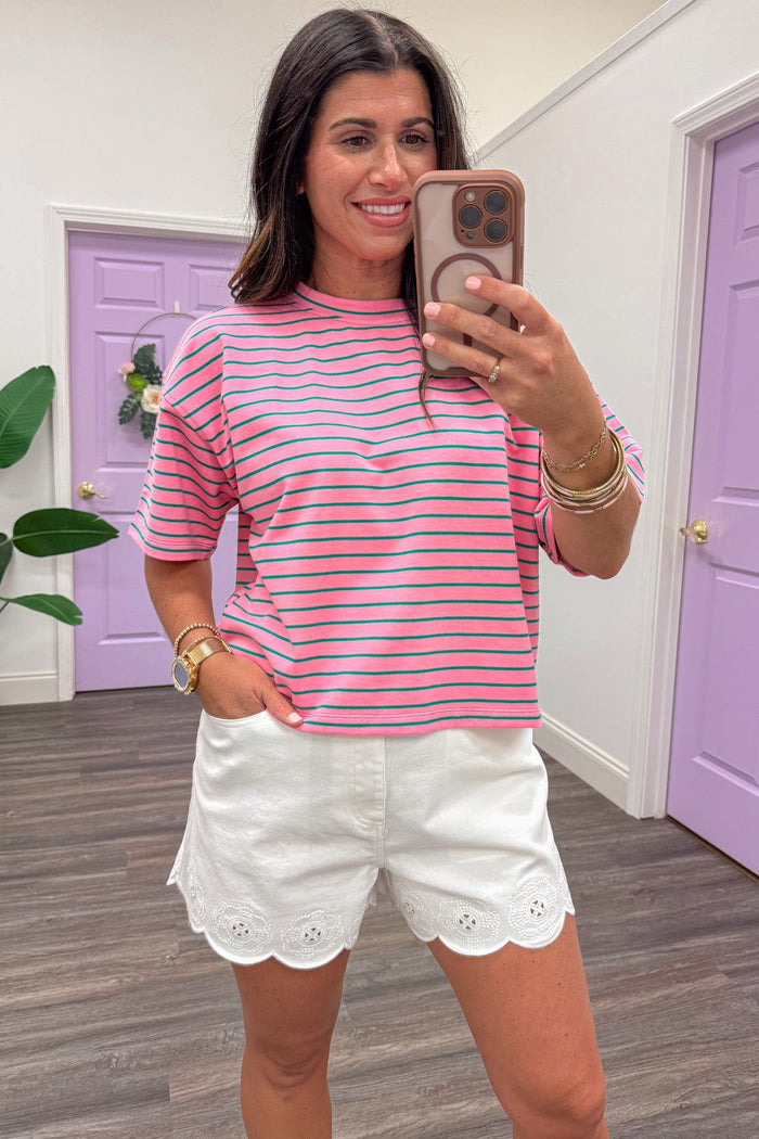 pink and green striped short sleeve semi-cropped knit top