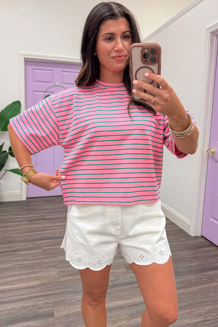 pink and green striped short sleeve relaxed silhouette semi-cropped knit top