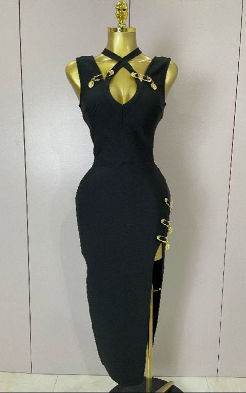 Sam Elegant Slim Black Wrap Sleeveless Long Dress