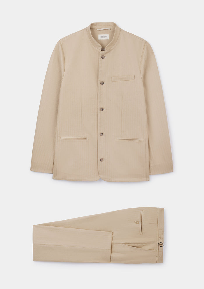 Sand Herringbone Cotton Linen Nehru Jacket, Nehru Jacket - SIRPLUS