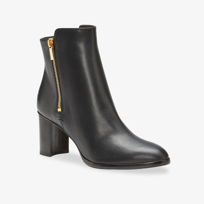 image of the perfect zip bootie in black leather | Lead