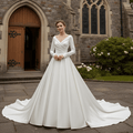 Satin V-Neck Ball Gown Wedding Dress with Long Sleeves - Rosymae