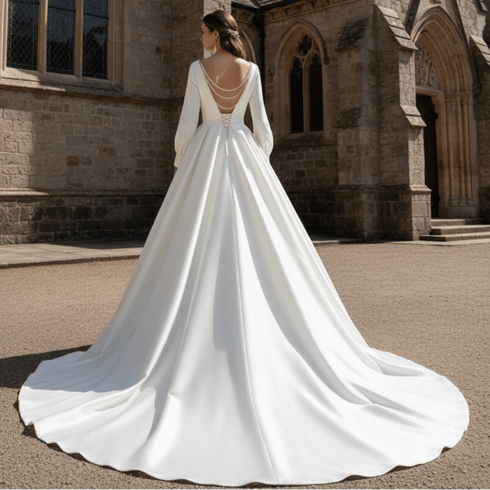 Satin V-Neck Ball Gown Wedding Dress with Long Sleeves - Rosymae