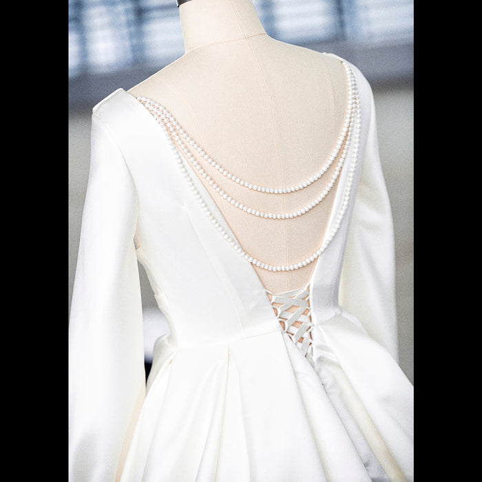Satin V-Neck Ball Gown Wedding Dress with Long Sleeves - Rosymae