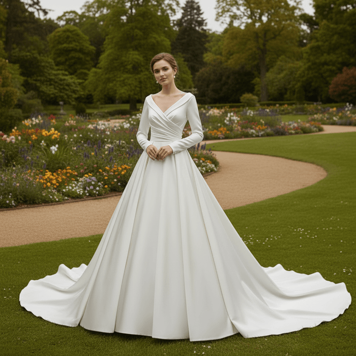 Satin V-Neck Ball Gown Wedding Dress with Long Sleeves - Rosymae