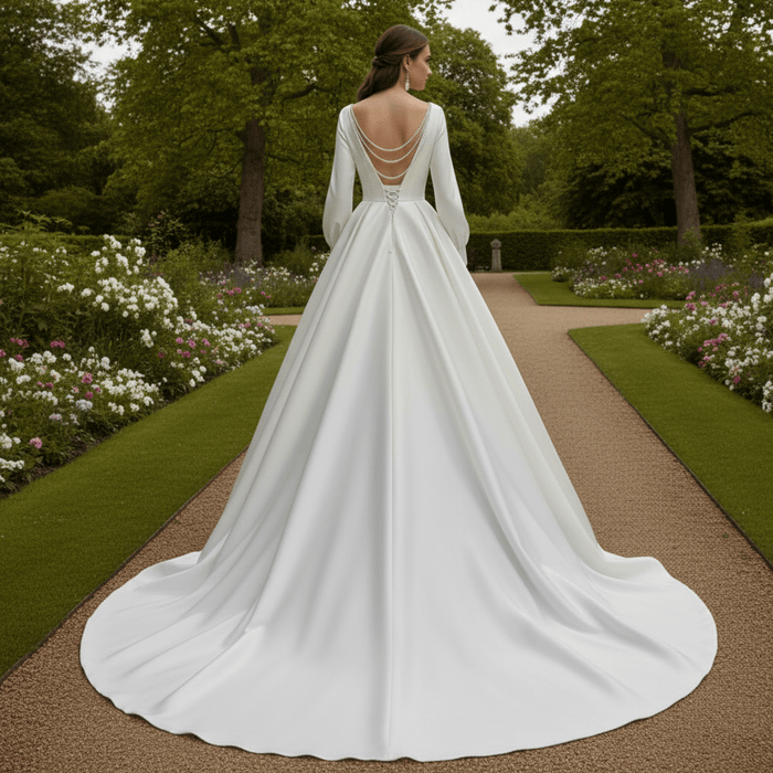 Satin V-Neck Ball Gown Wedding Dress with Long Sleeves - Rosymae