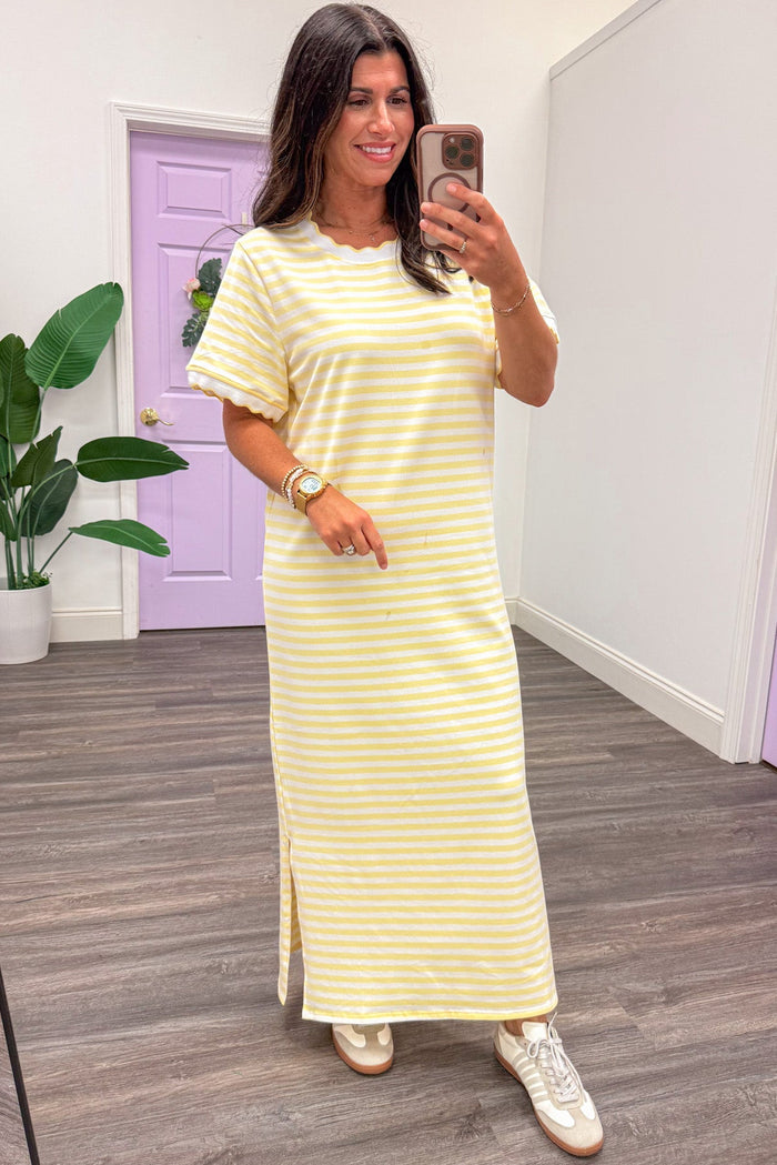 yellow and white striped scalloped trim short sleeve crew neckline midi dress