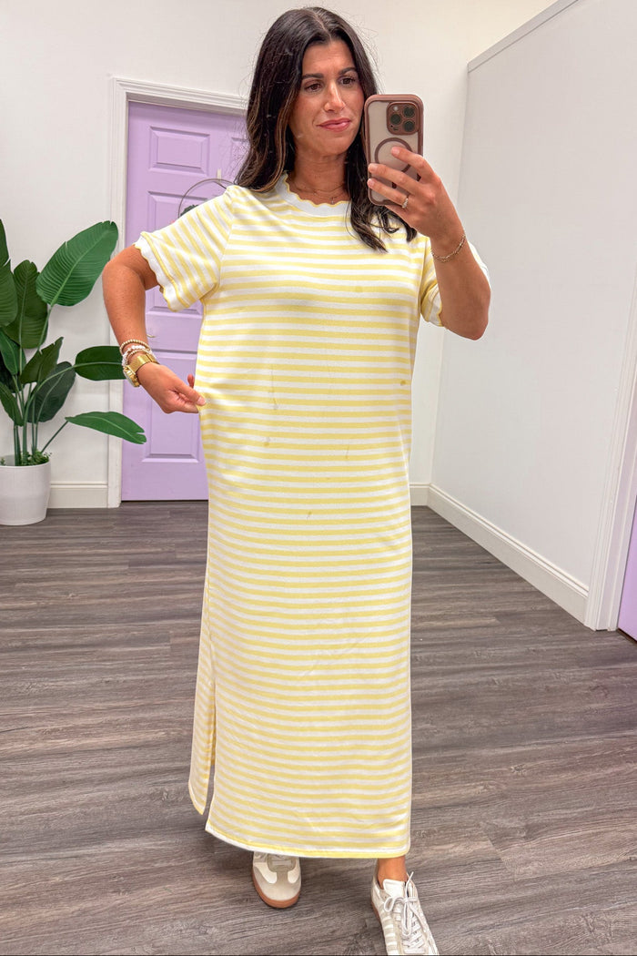 yellow and white striped scalloped trim short sleeve crew neckline relaxed silhouette midi dress