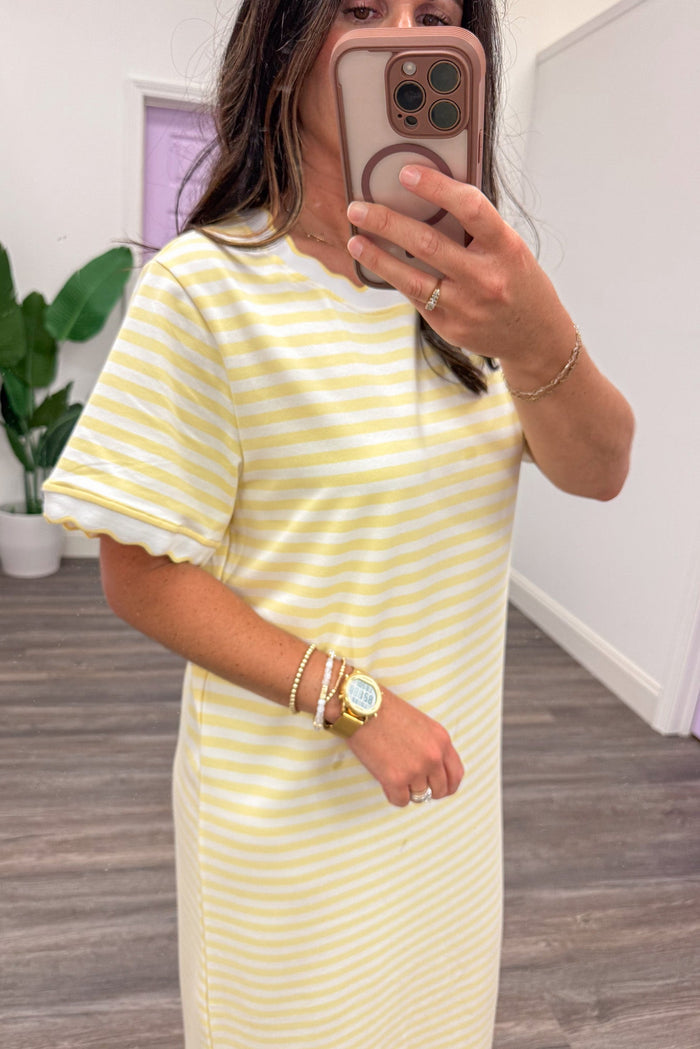 yellow and white striped scalloped trim short sleeve crew neckline casual midi dress