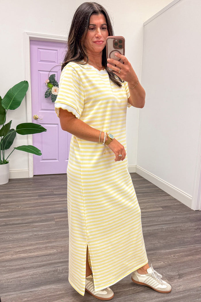 yellow and white striped scalloped trim short sleeve crew neckline midi dress with hem side slits