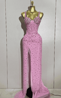 Scarlett Luxury Pink Rhinestones Split Floor Length Dress