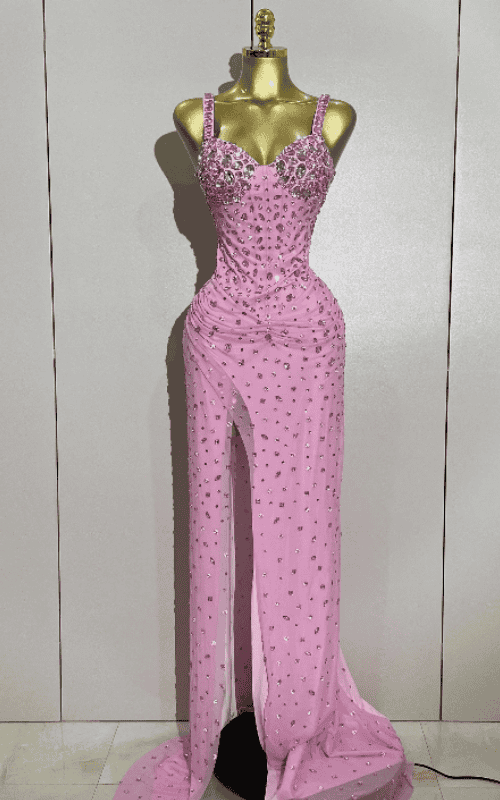Scarlett Luxury Pink Rhinestones Split Floor Length Dress
