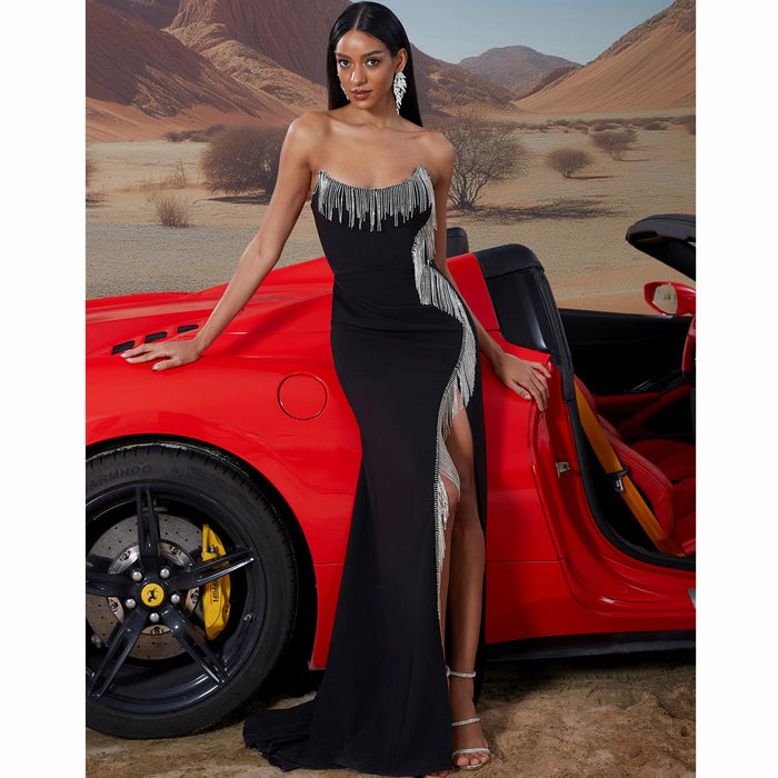 Scoop Neck Black Crystal Embellished High Leg Slit Prom Gown BP045 - Rosymae