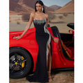 Scoop Neck Black Crystal Embellished High Leg Slit Prom Gown BP045 - Rosymae