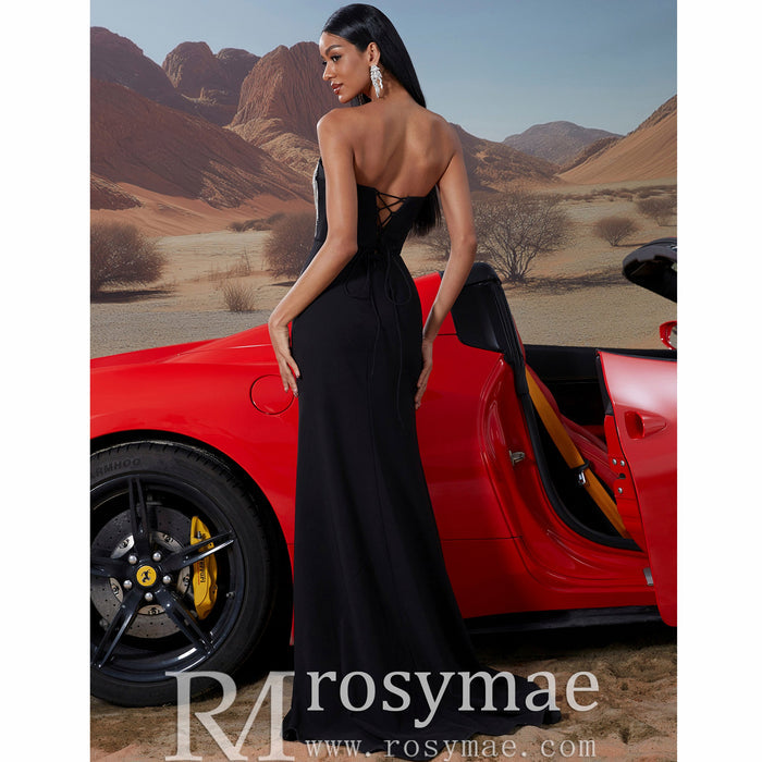 Scoop Neck Black Crystal Embellished High Leg Slit Prom Gown BP045 - Rosymae