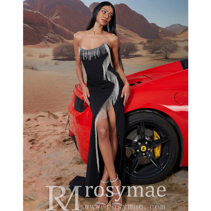 Scoop Neck Black Crystal Embellished High Leg Slit Prom Gown BP045 - Rosymae