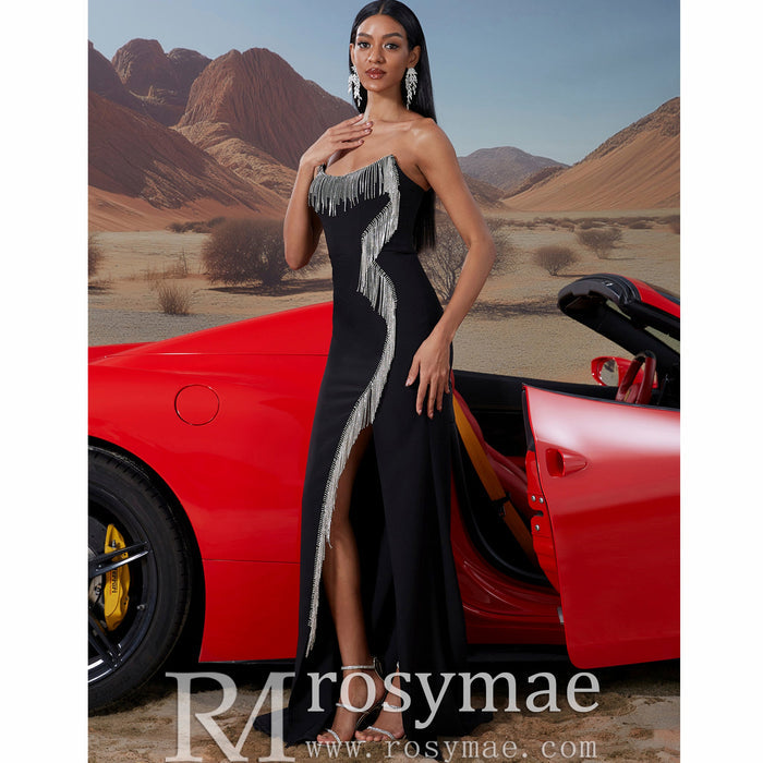 Scoop Neck Black Crystal Embellished High Leg Slit Prom Gown BP045 - Rosymae