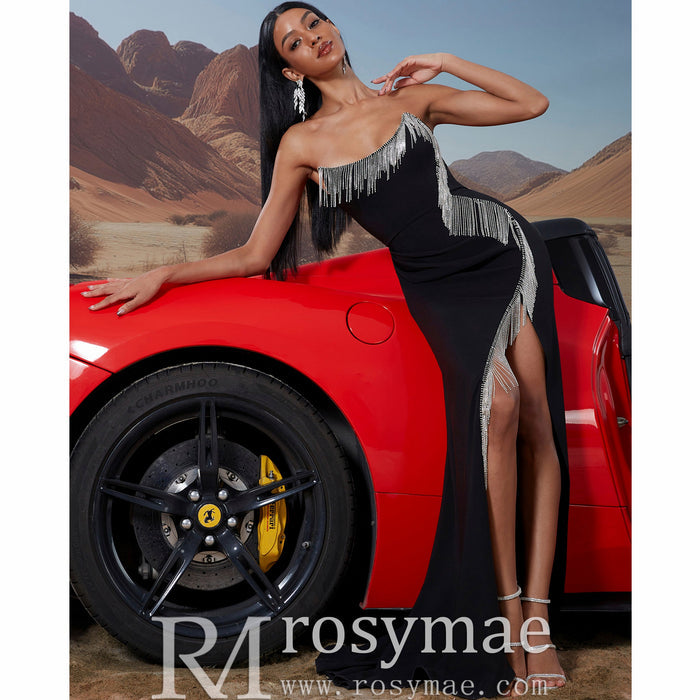 Scoop Neck Black Crystal Embellished High Leg Slit Prom Gown BP045 - Rosymae
