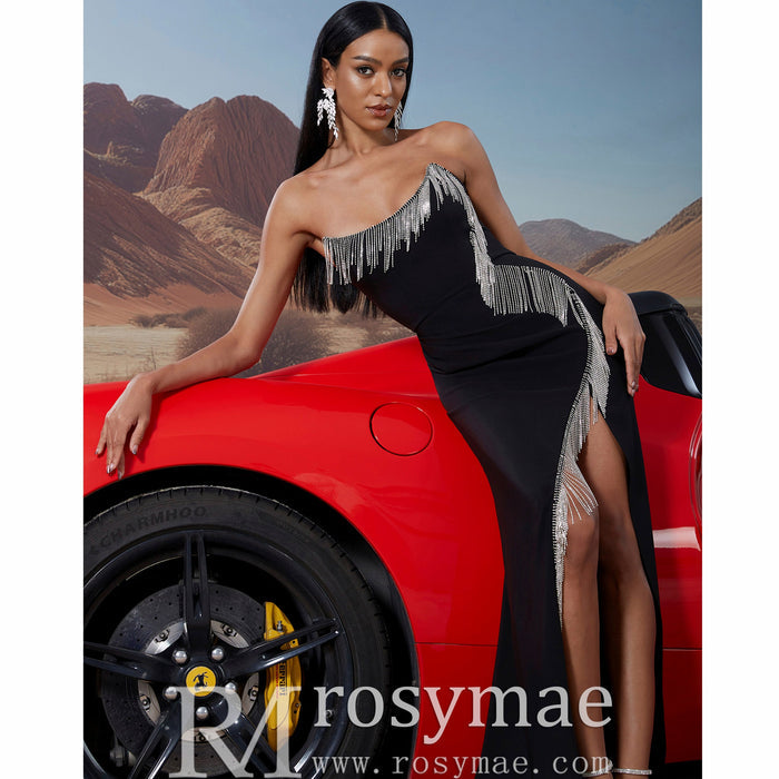 Scoop Neck Black Crystal Embellished High Leg Slit Prom Gown BP045 - Rosymae