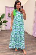 blue and green floral print bow tie one shoulder sleeveless maxi dress