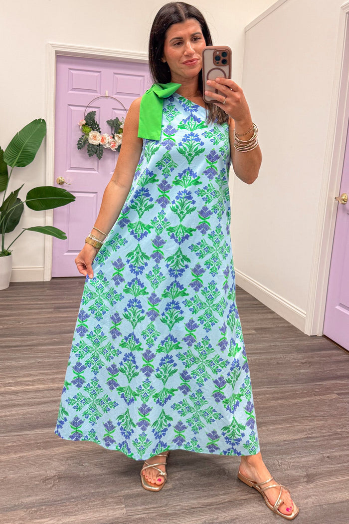 blue and green floral print bow tie one shoulder sleeveless flowy maxi dress
