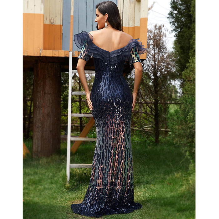 Sequin Lotus Evening Gown Off-The-Shoulder Fishtail Prom Dress - Rosymae