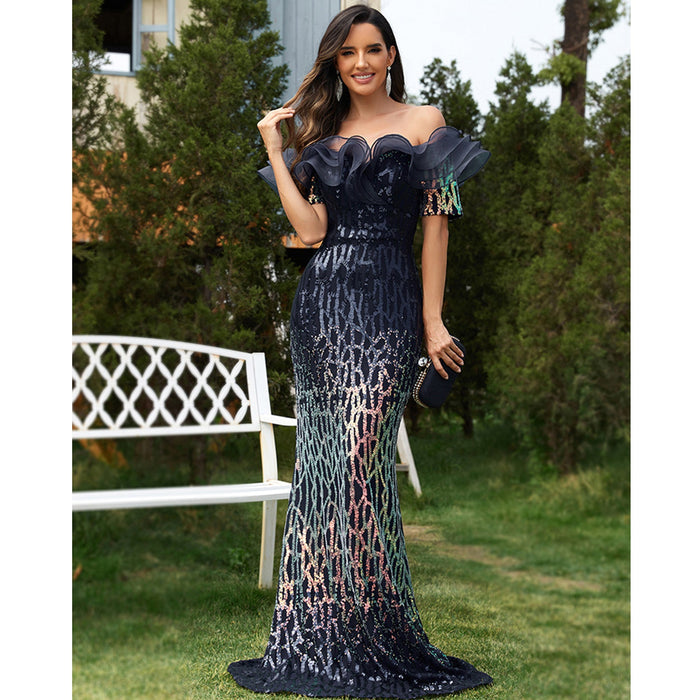 Sequin Lotus Evening Gown Off-The-Shoulder Fishtail Prom Dress - Rosymae