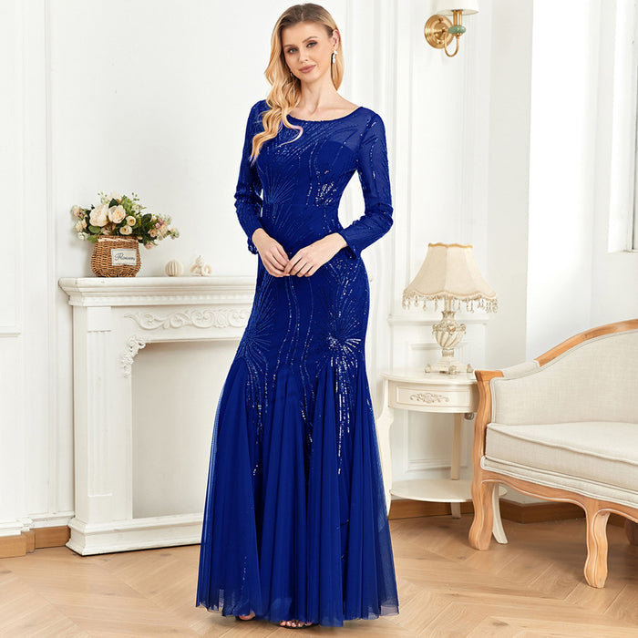 Sequins Long Sleeves Round Neck Slim Fit Mermaid Formal Evening Dress - Rosymae
