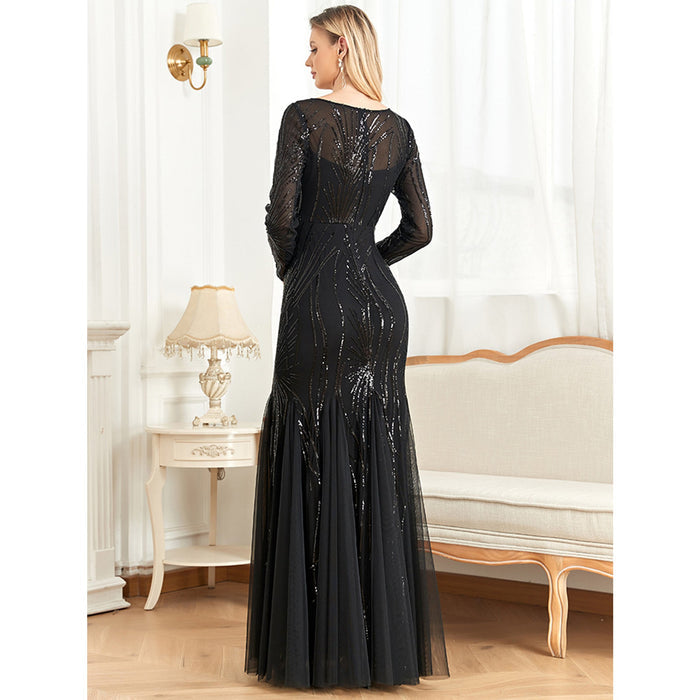 Sequins Long Sleeves Round Neck Slim Fit Mermaid Formal Evening Dress - Rosymae
