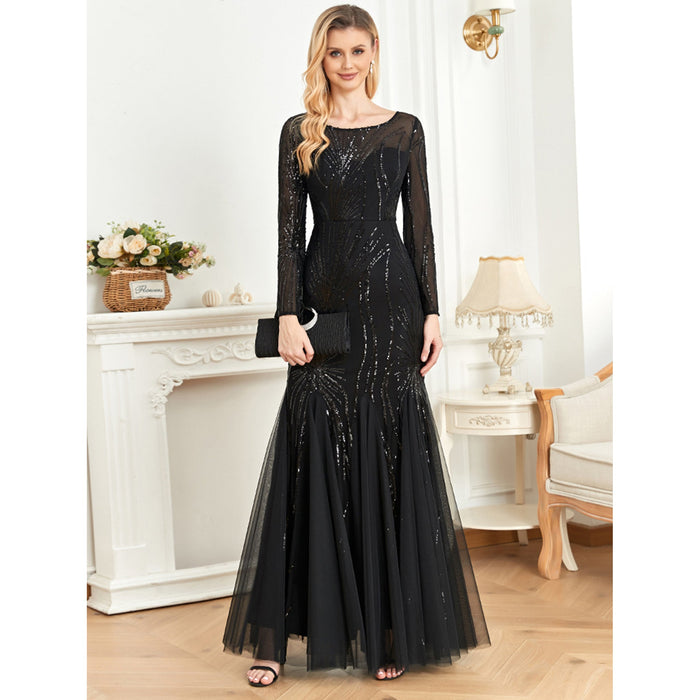 Sequins Long Sleeves Round Neck Slim Fit Mermaid Formal Evening Dress - Rosymae