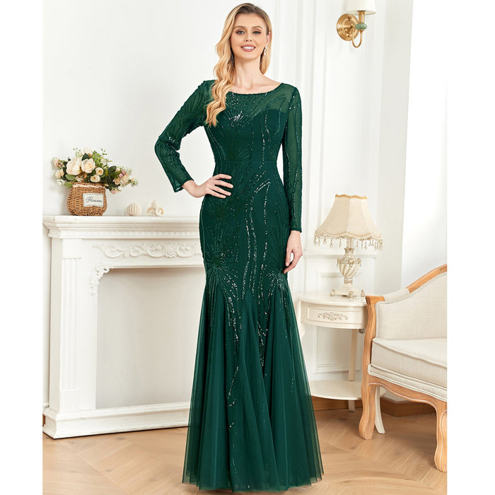 Sequins Long Sleeves Round Neck Slim Fit Mermaid Formal Evening Dress - Rosymae