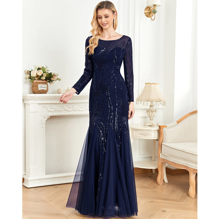 Sequins Long Sleeves Round Neck Slim Fit Mermaid Formal Evening Dress - Rosymae
