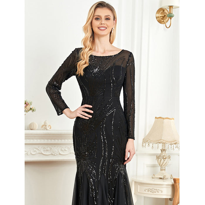 Sequins Long Sleeves Round Neck Slim Fit Mermaid Formal Evening Dress - Rosymae