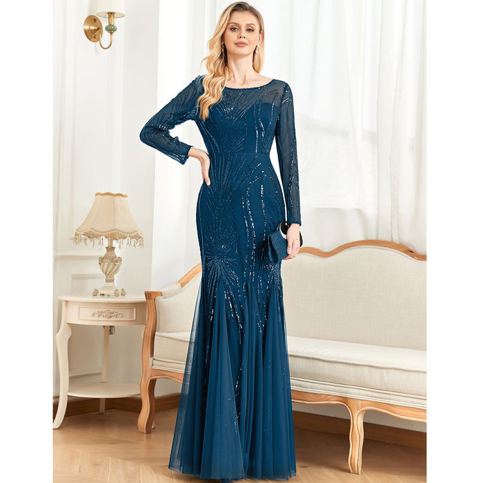Sequins Long Sleeves Round Neck Slim Fit Mermaid Formal Evening Dress - Rosymae
