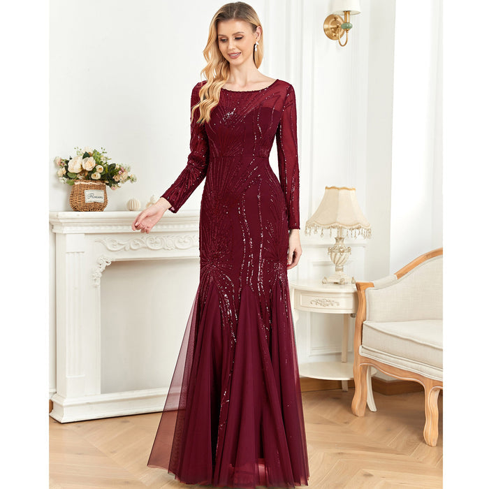 Sequins Long Sleeves Round Neck Slim Fit Mermaid Formal Evening Dress - Rosymae