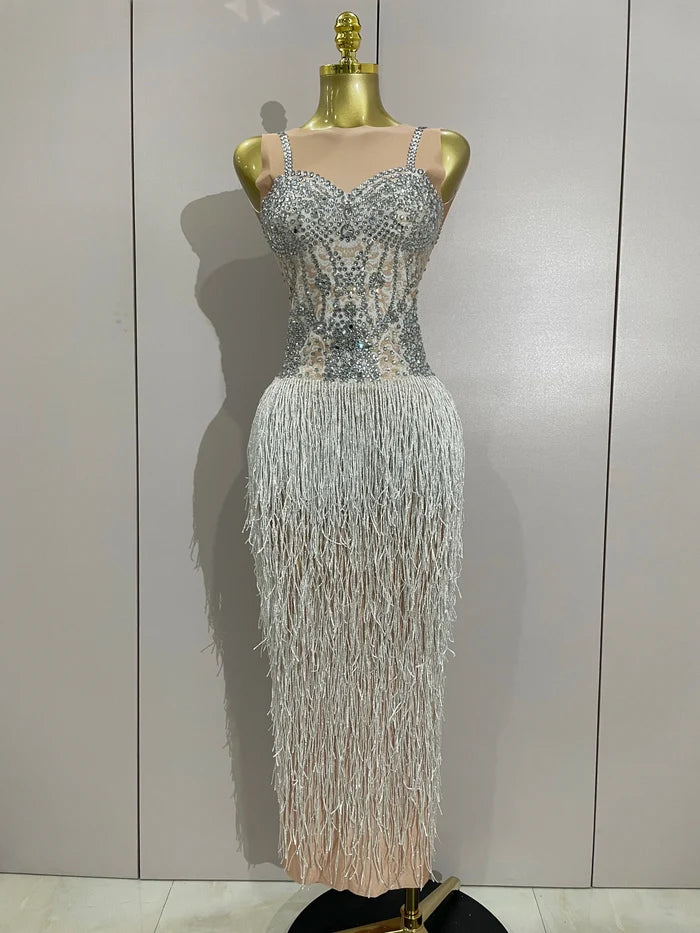 Seraphina sparkly rhinestone tassel sleeveless long dress women elegant evening gown.