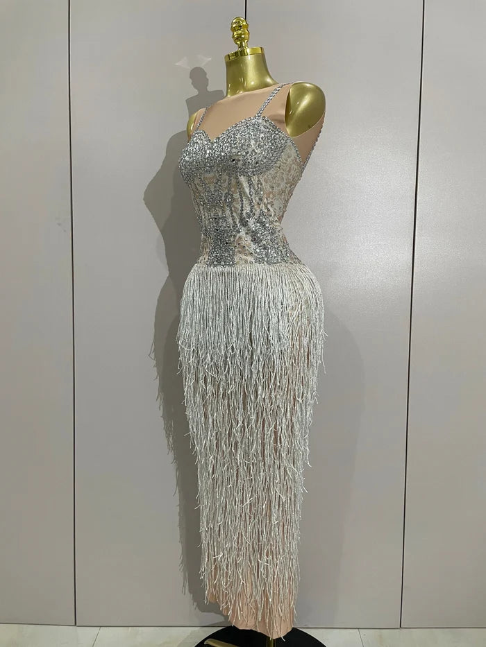 Seraphina sparkly rhinestone tassel sleeveless long dress women elegant evening gown.