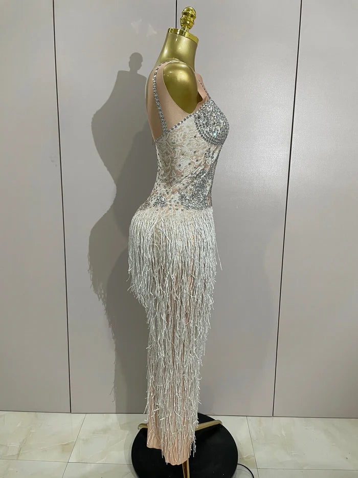 Seraphina sparkly rhinestone tassel sleeveless long dress women elegant evening gown.
