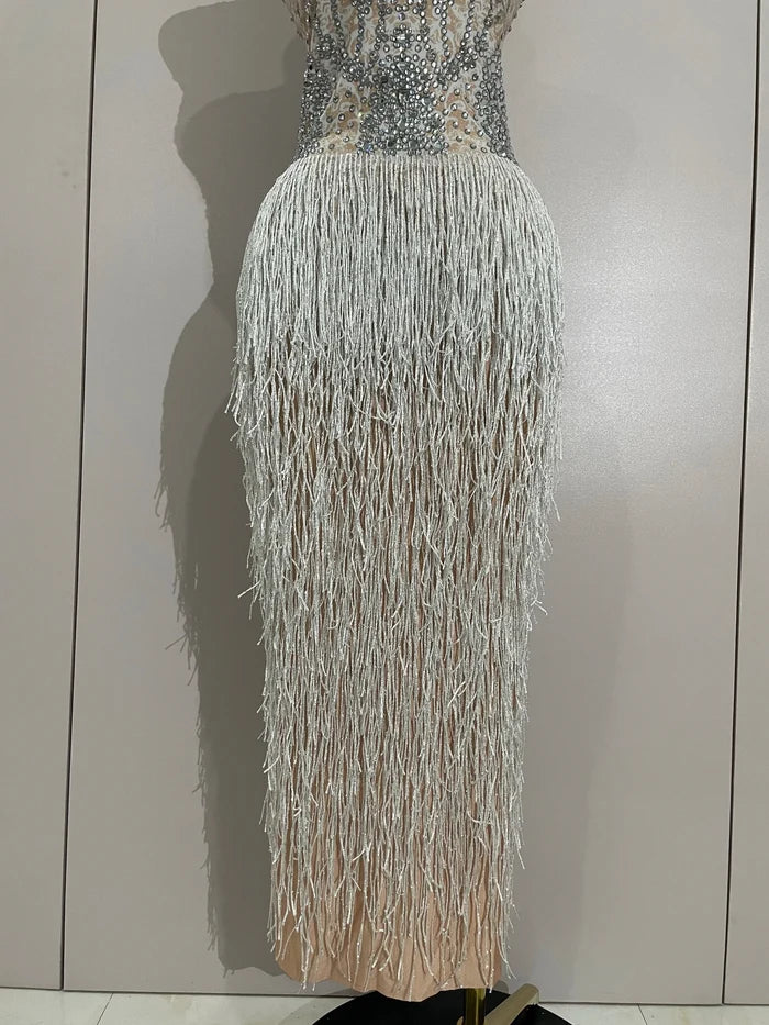 Seraphina sparkly rhinestone tassel sleeveless long dress women elegant evening gown.