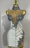 Sparkly Diamond Spandex Mesh Sheer Spliced Mini Birthday Dress