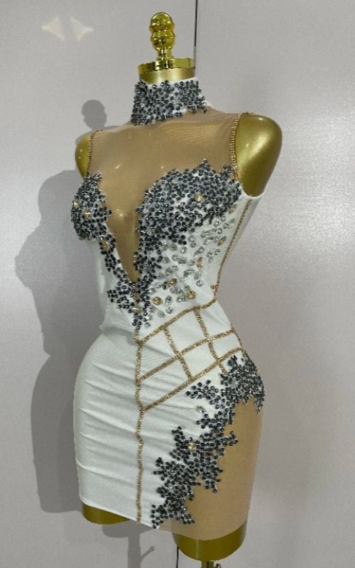 Sparkly Diamond Spandex Mesh Sheer Spliced Mini Birthday Dress