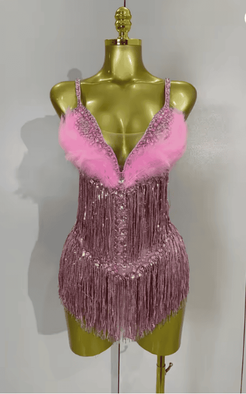 Sharmaine Sparkly Rhinestone Pink Feather Tassel Sheer Mesh Bodysuit