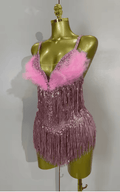 Sharmaine Sparkly Rhinestone Pink Feather Tassel Sheer Mesh Bodysuit